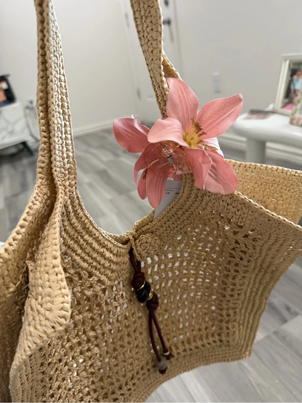 H&M Natural Straw Tote with Pink Floral Accent